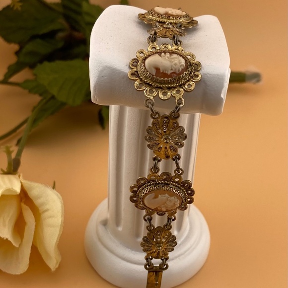 Antique Victorian CAMEO 800 Silver Filigree Shell Bracelet 4 Cameos - Picture 6 of 14
